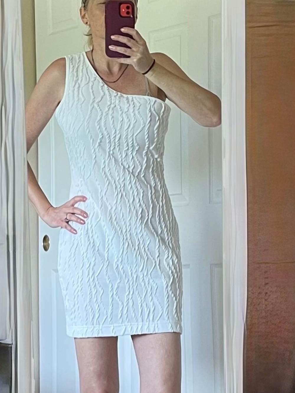 White One Shoulder Textured Stretch Knit Mini Dress XL